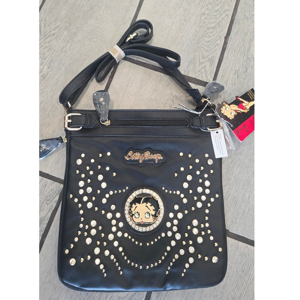 Betty Boop Black Faux Leather Rhinestone Studded Crossbody Bag BB538-M NWT